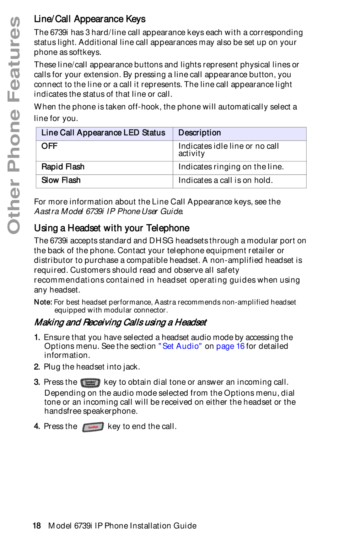 Aastra Telecom 6739I manual Line/Call Appearance Keys, Using a Headset with your Telephone 