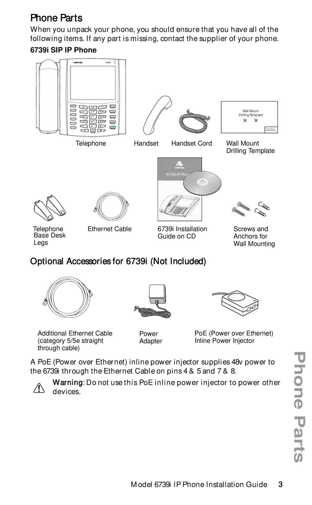 Aastra Telecom 6739I manual Phone Parts, Optional Accessories for 6739i Not Included, 6739i SIP IP Phone 