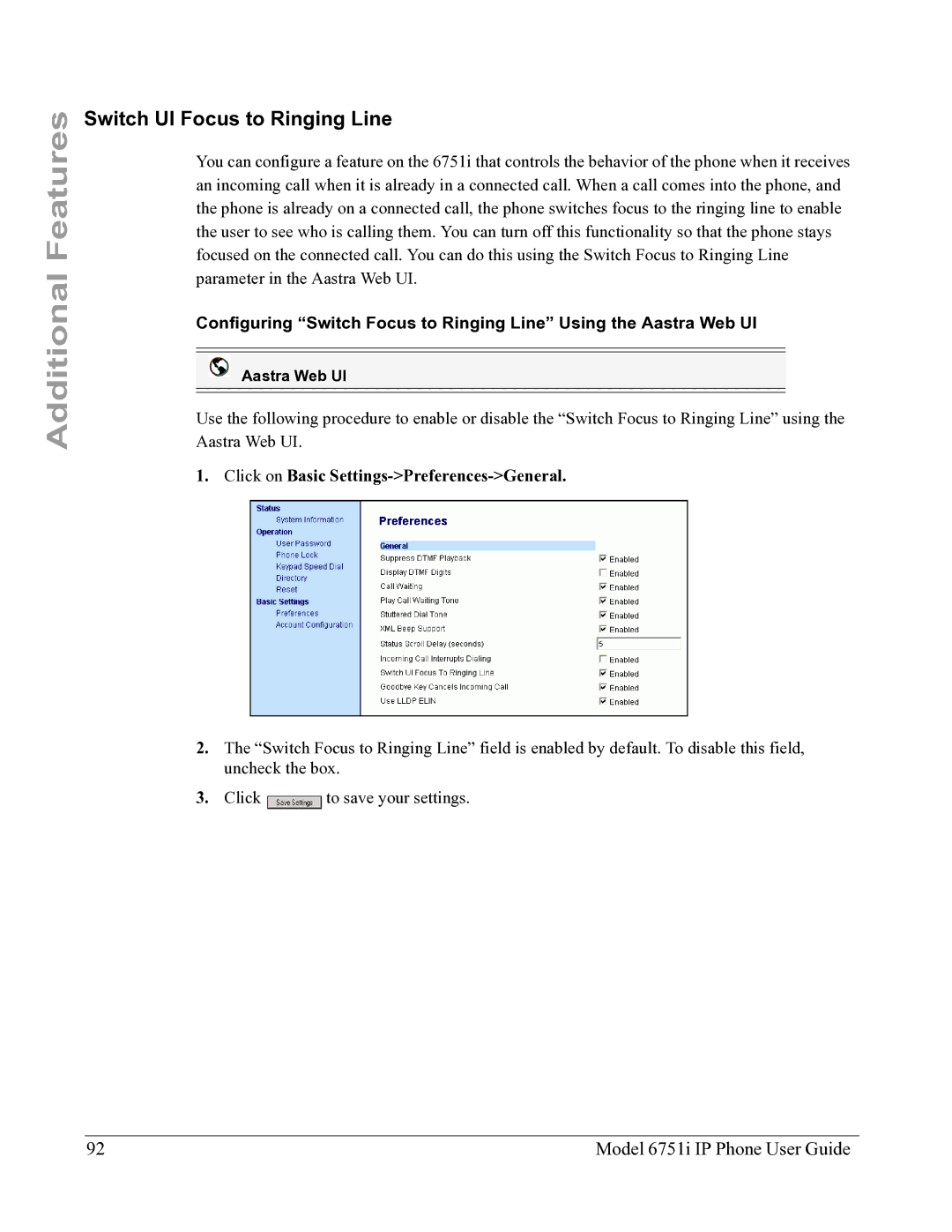 Aastra Telecom 6751I manual Switch UI Focus to Ringing Line 