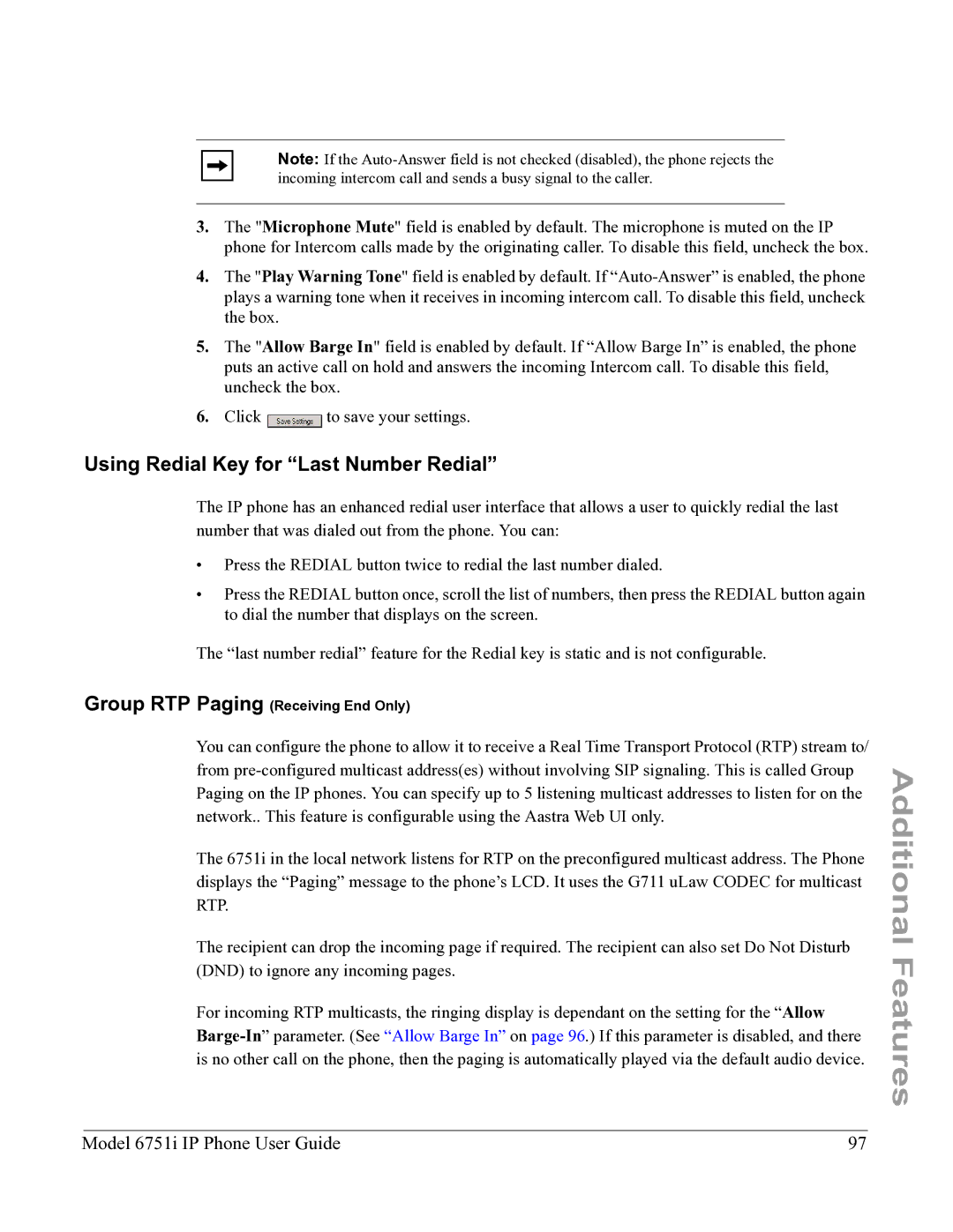 Aastra Telecom 6751I manual Using Redial Key for Last Number Redial 