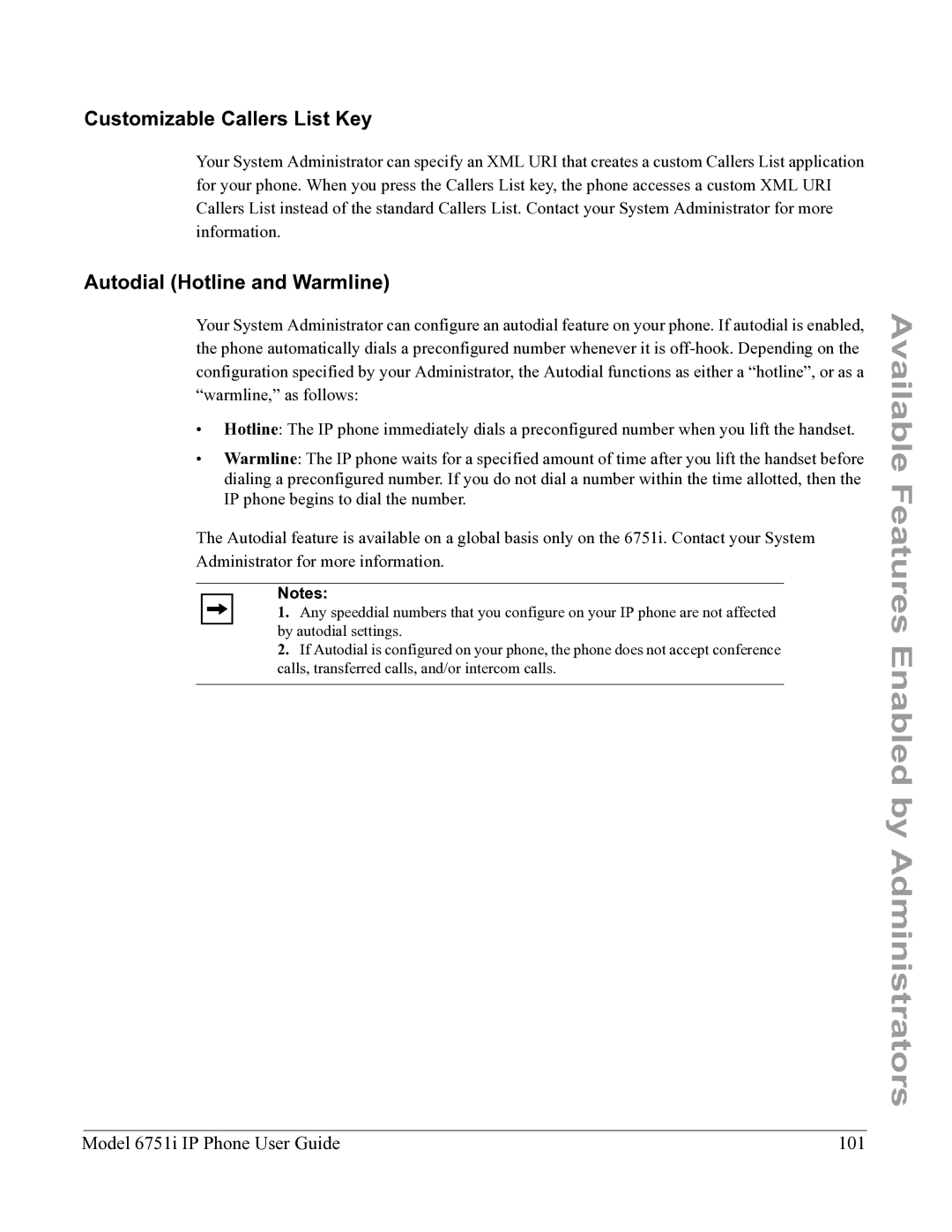 Aastra Telecom 6751I manual Customizable Callers List Key, Autodial Hotline and Warmline 