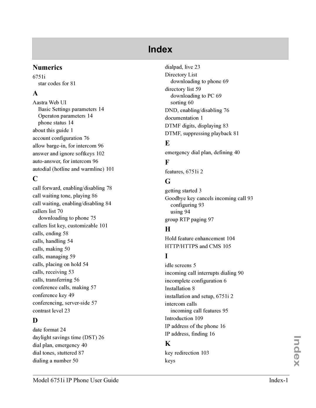 Aastra Telecom 6751I manual Index, Numerics 