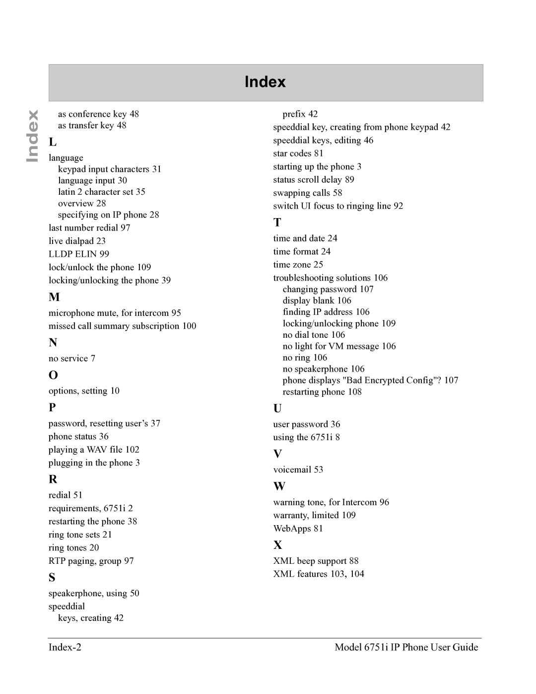 Aastra Telecom 6751I manual Index-2 Model 6751i IP Phone User Guide 