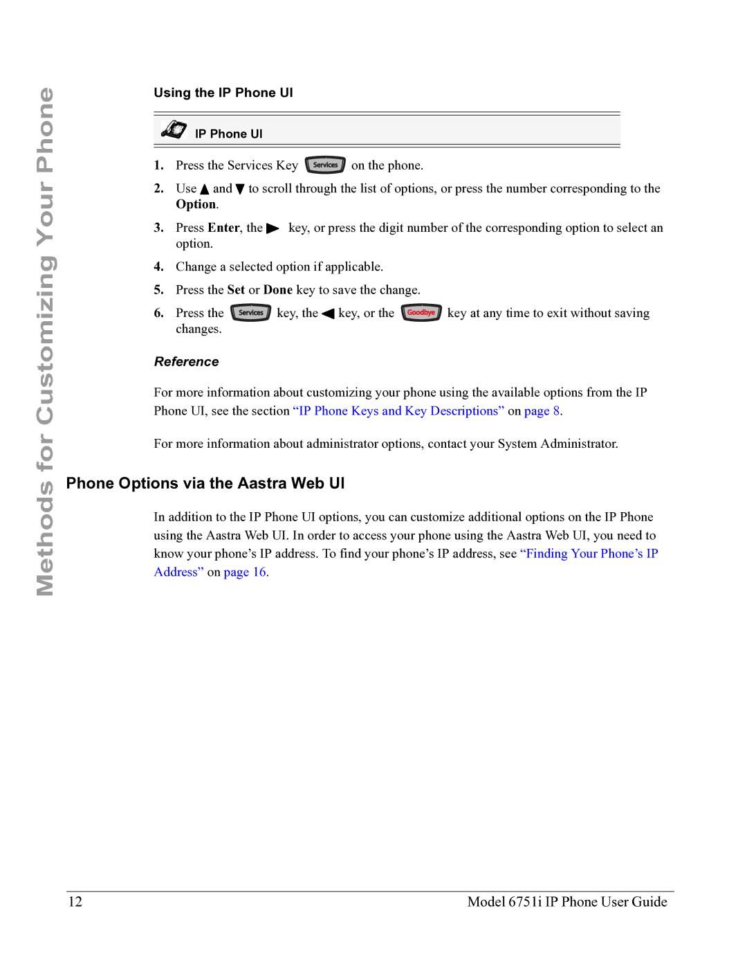 Aastra Telecom 6751I manual Phone Options via the Aastra Web UI, Using the IP Phone UI, Reference 