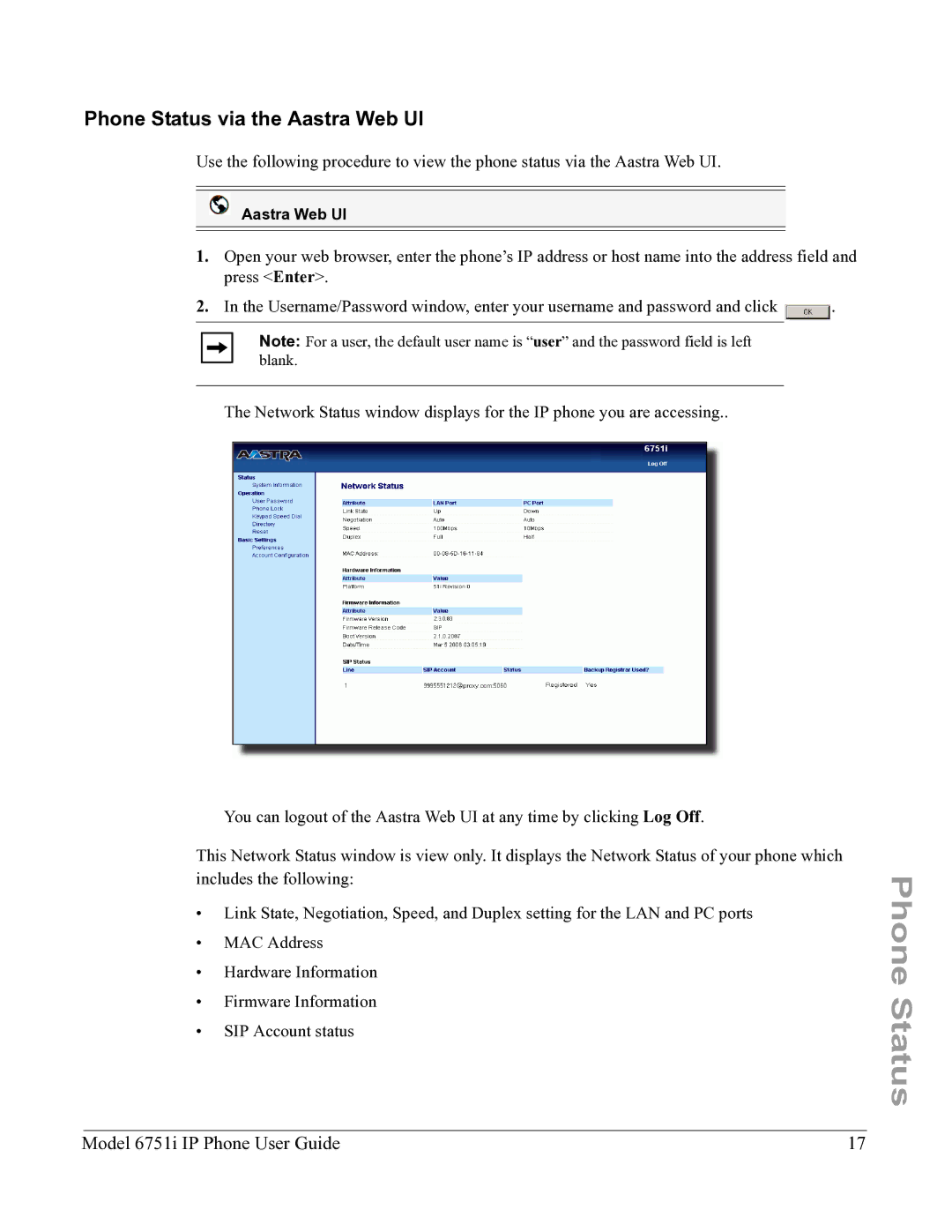 Aastra Telecom 6751I manual Phone Status via the Aastra Web UI 