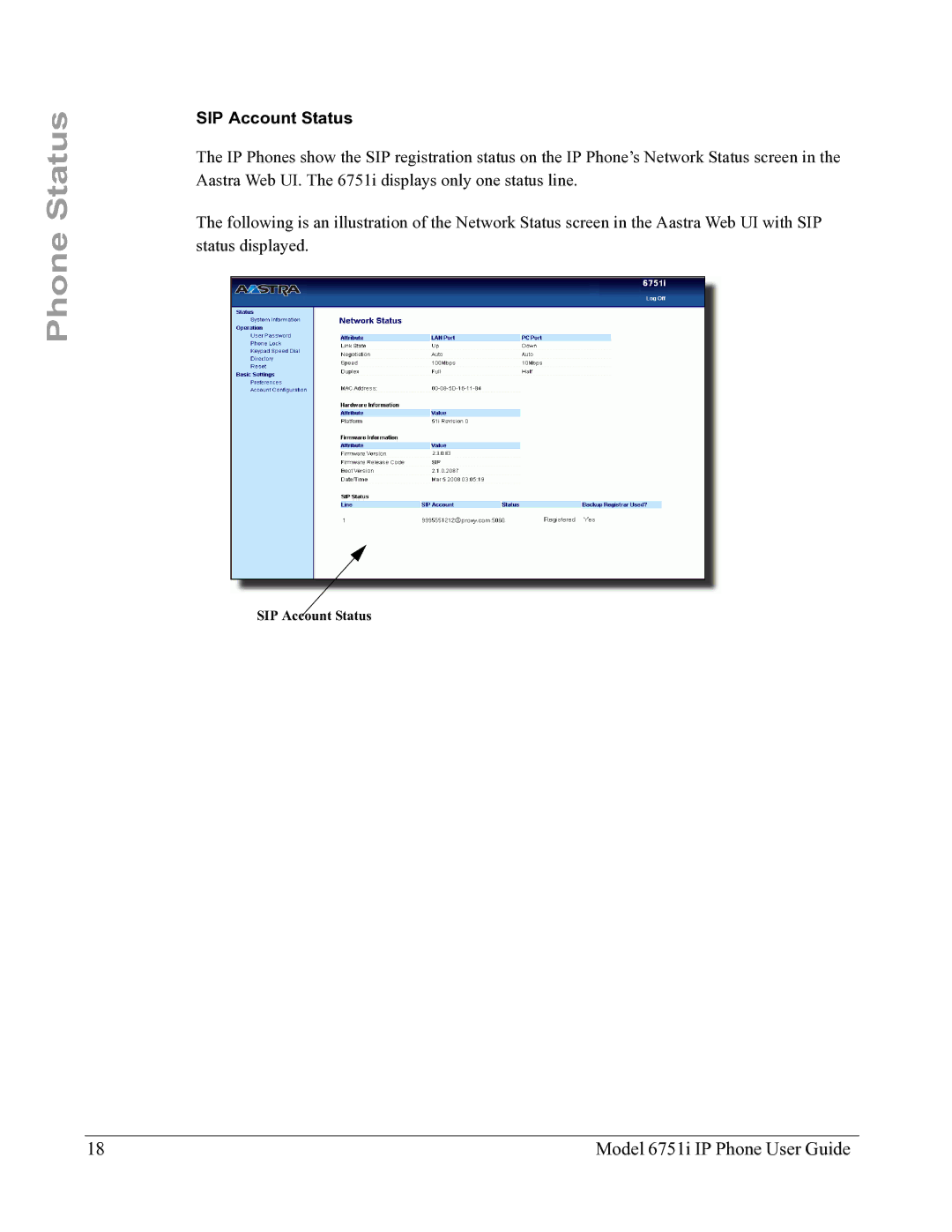 Aastra Telecom 6751I manual SIP Account Status 