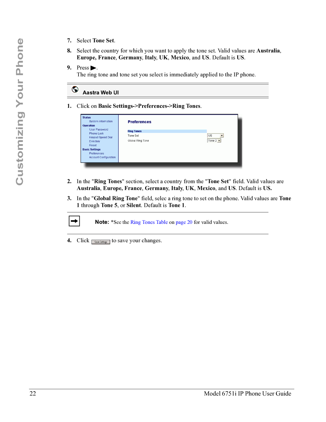 Aastra Telecom 6751I manual Click on Basic Settings-Preferences-Ring Tones 