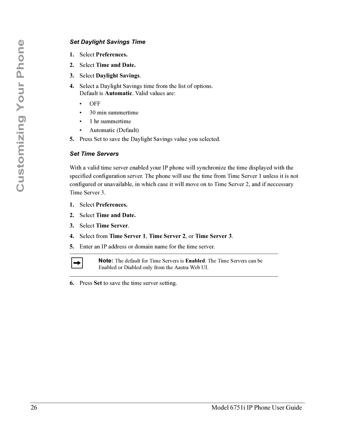 Aastra Telecom 6751I manual Set Daylight Savings Time, Set Time Servers 