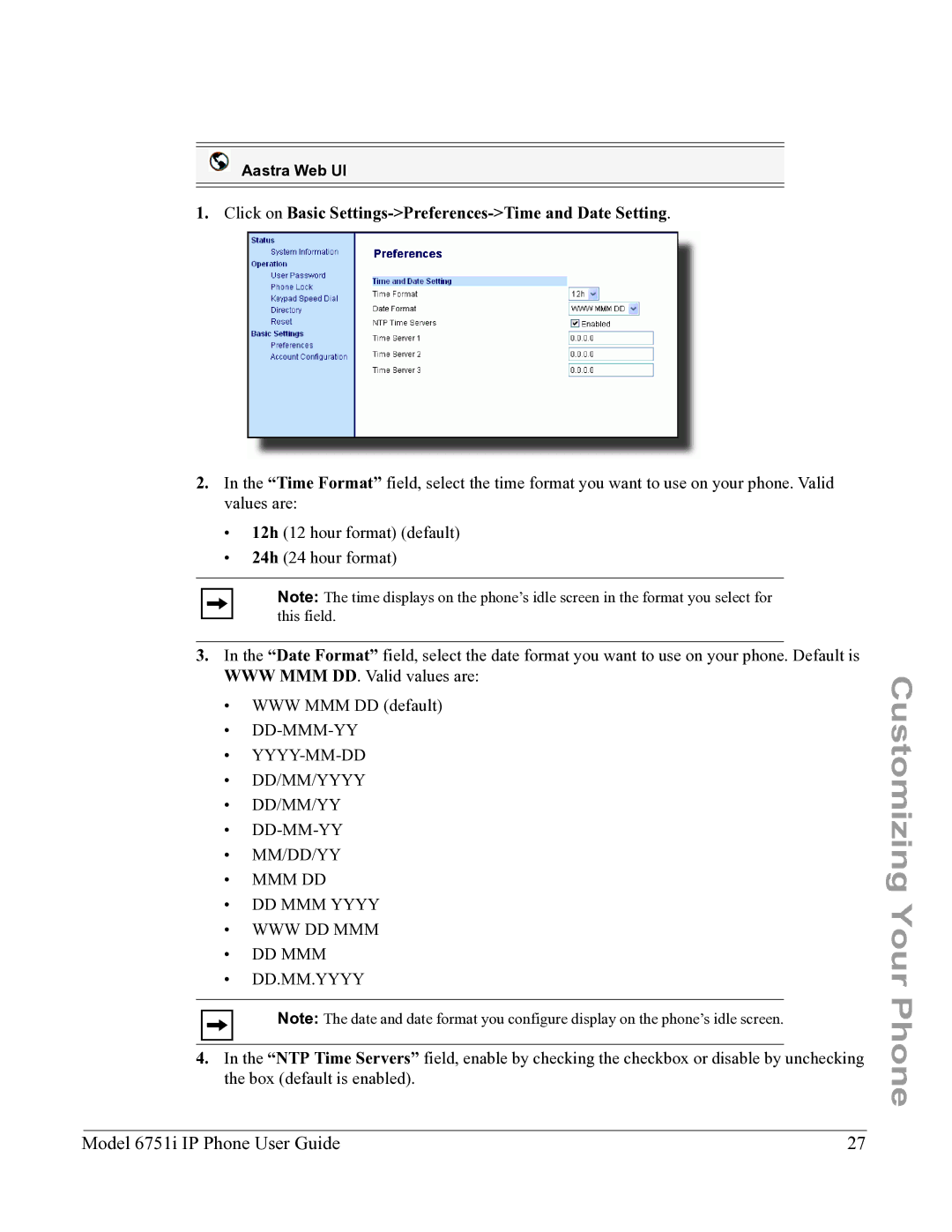 Aastra Telecom 6751I manual Click on Basic Settings-Preferences-Time and Date Setting 