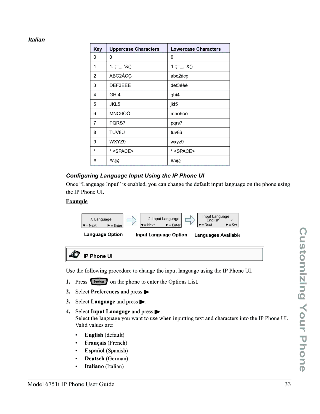 Aastra Telecom 6751I manual Italian, Configuring Language Input Using the IP Phone UI, Example 