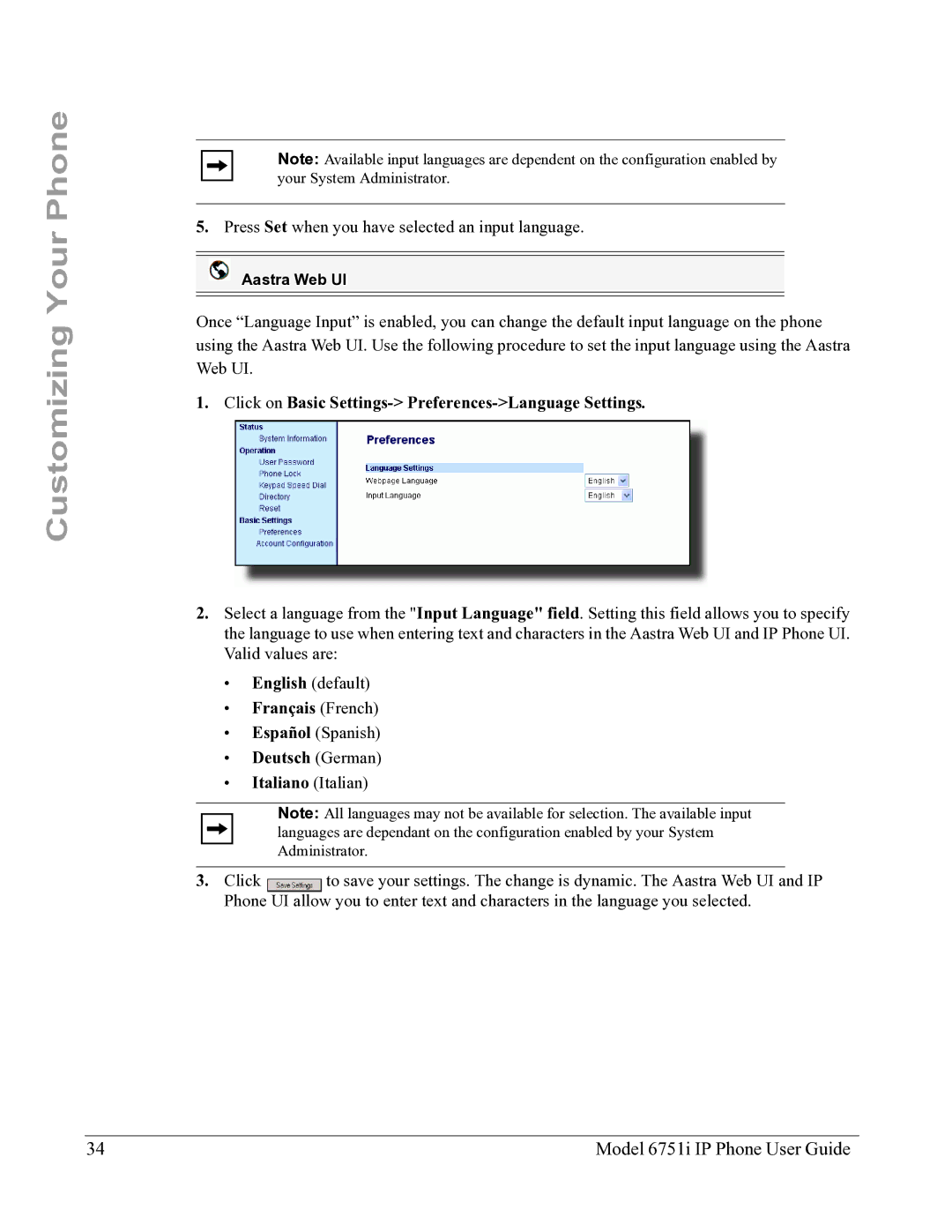 Aastra Telecom 6751I manual Click on Basic Settings- Preferences-Language Settings 