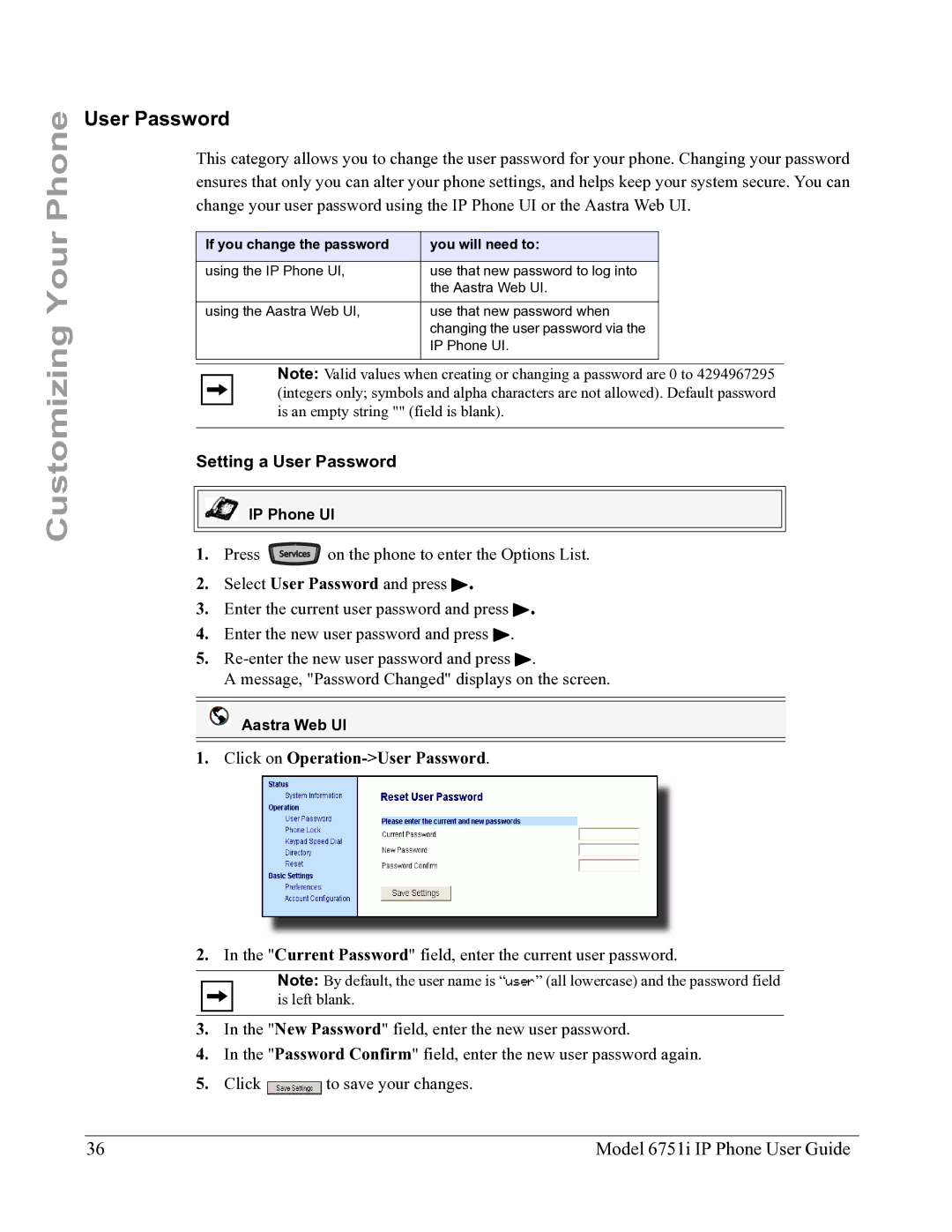 Aastra Telecom 6751I manual Setting a User Password, Click on Operation-User Password 