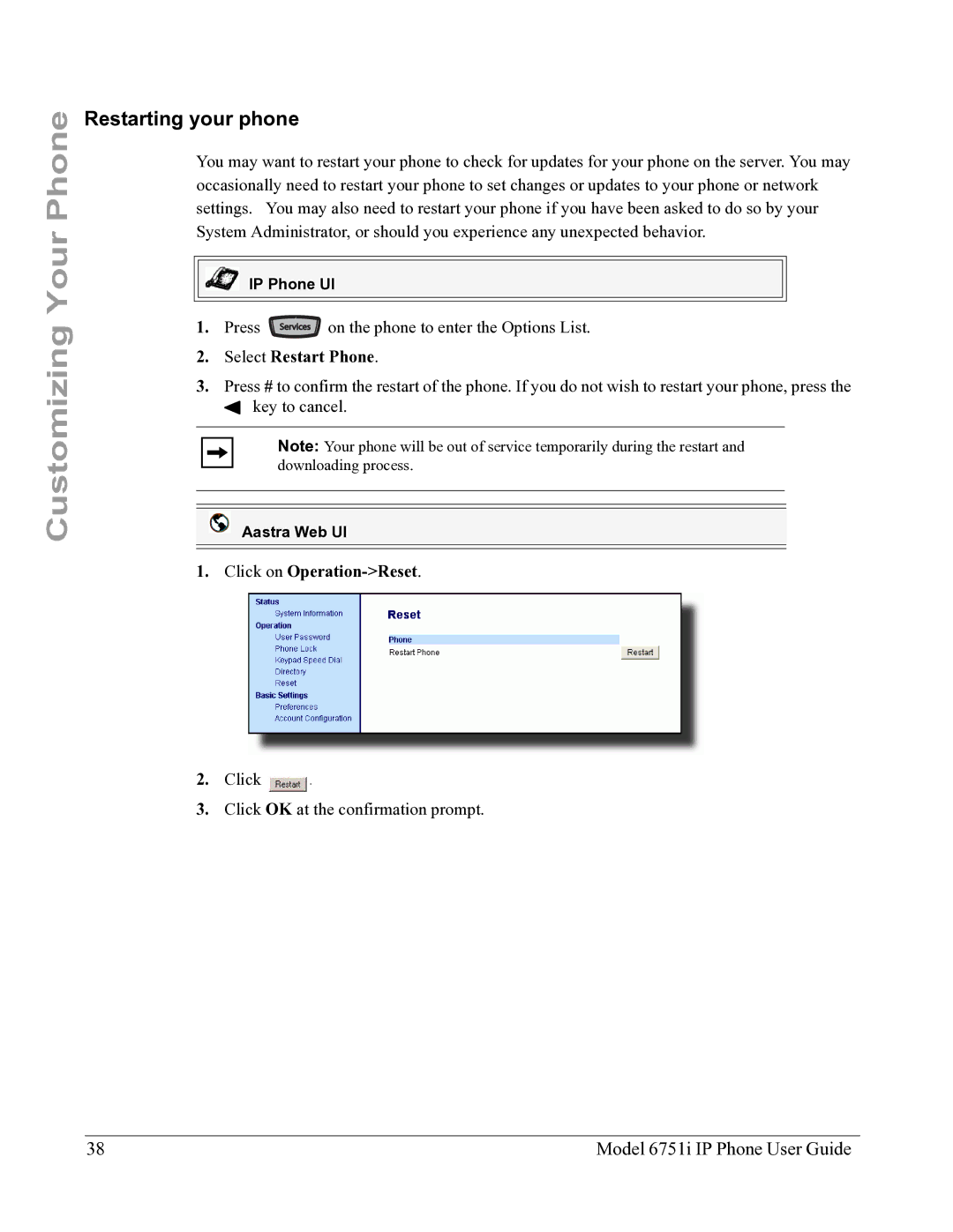 Aastra Telecom 6751I manual Restarting your phone, Select Restart Phone, Click on Operation-Reset 