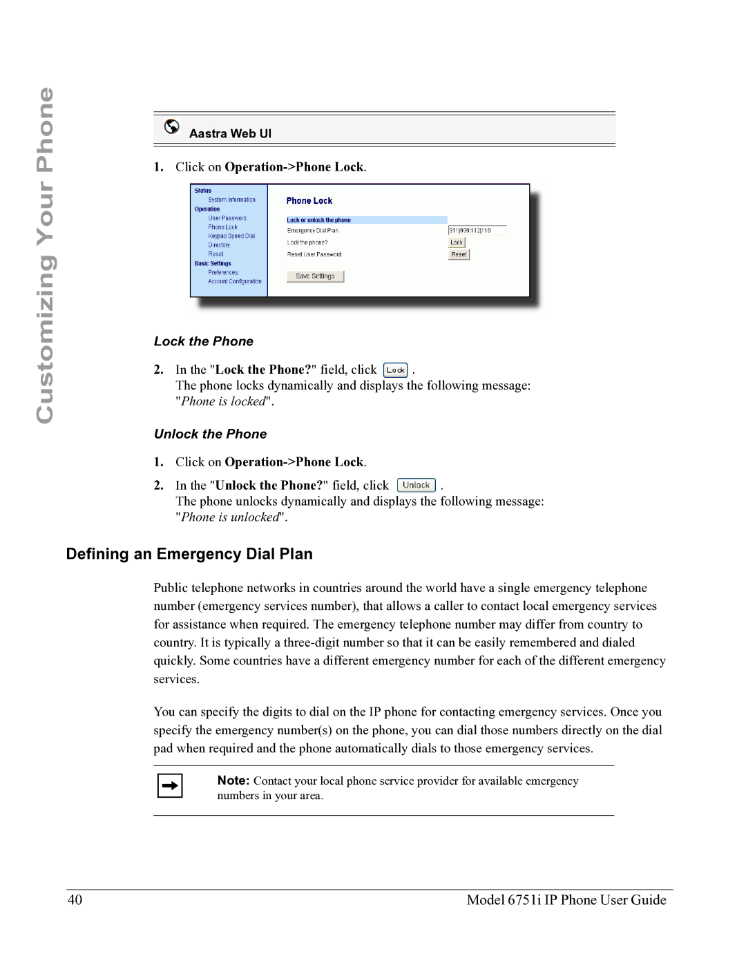 Aastra Telecom 6751I manual Defining an Emergency Dial Plan, Click on Operation-Phone Lock, Lock the Phone? field, click 