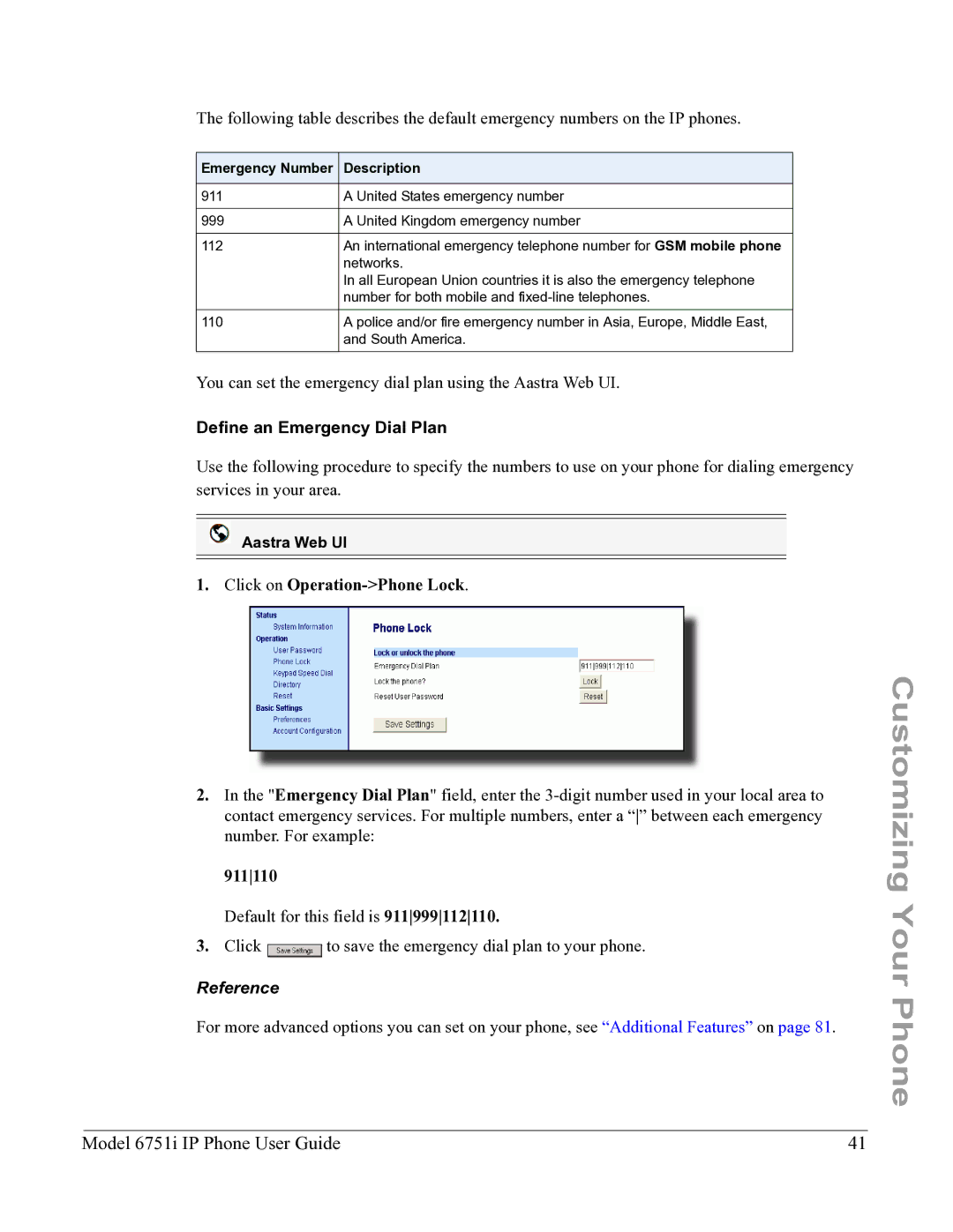 Aastra Telecom 6751I manual Define an Emergency Dial Plan, 911110 