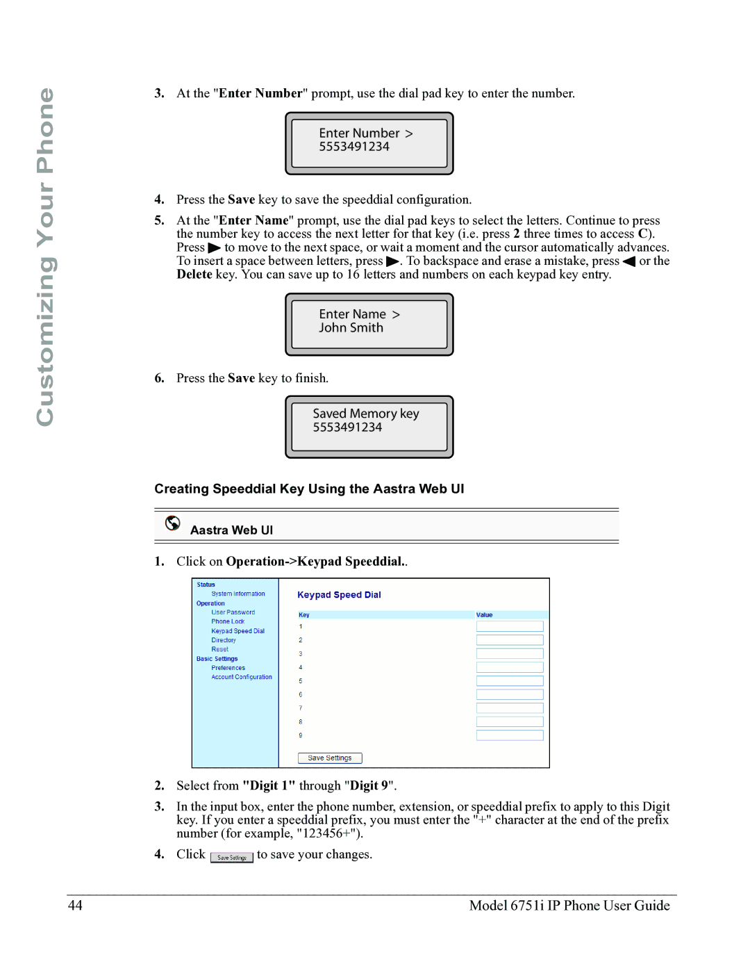 Aastra Telecom 6751I manual Creating Speeddial Key Using the Aastra Web UI, Click on Operation-Keypad Speeddial 