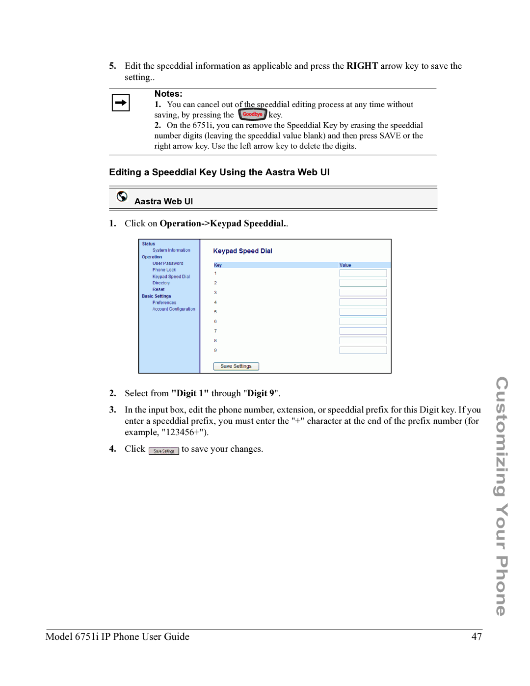 Aastra Telecom 6751I manual Editing a Speeddial Key Using the Aastra Web UI, Click on Operation-Keypad Speeddial 