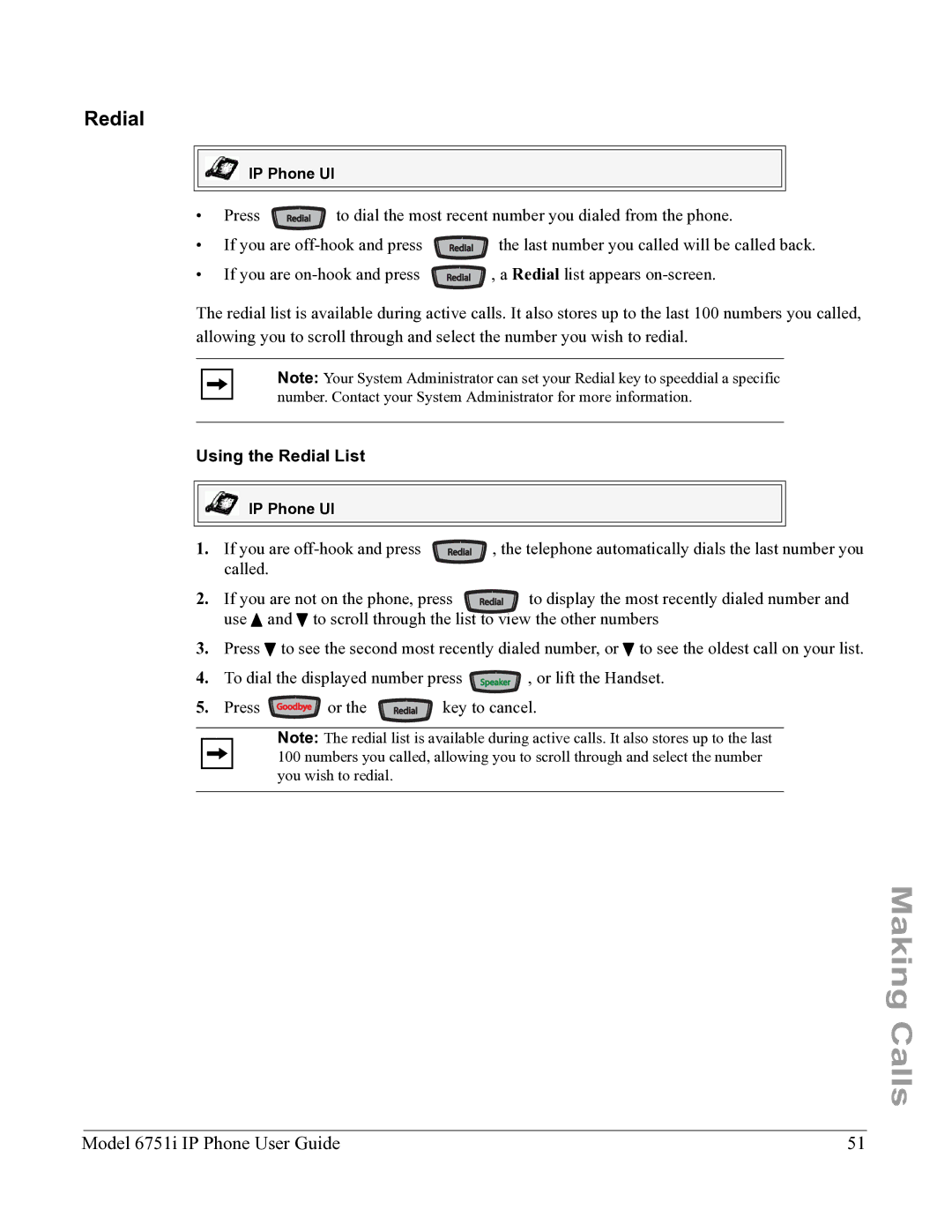 Aastra Telecom 6751I manual Using the Redial List 