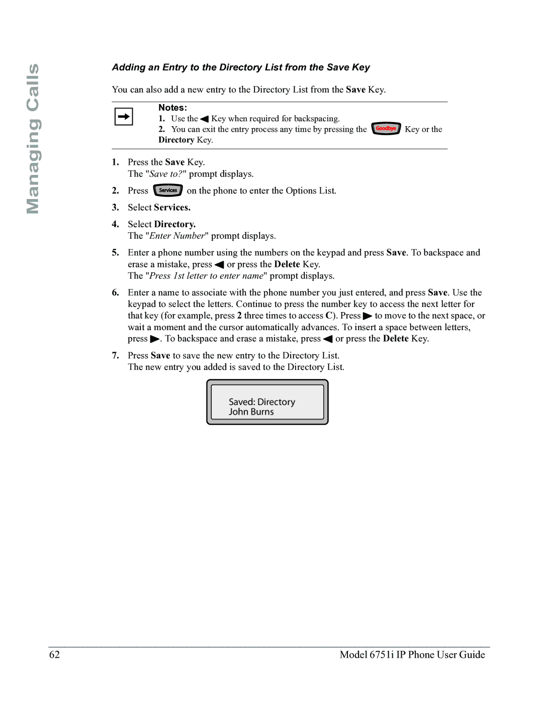 Aastra Telecom 6751I manual Adding an Entry to the Directory List from the Save Key 