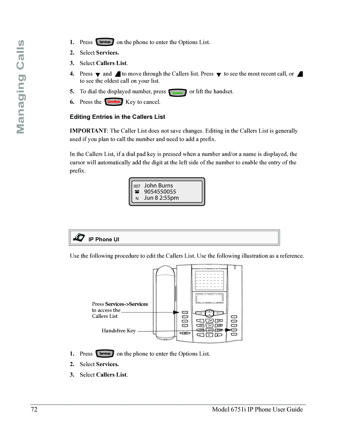 Aastra Telecom 6751I manual Press Services on the phone to enter the Options List, Editing Entries in the Callers List 