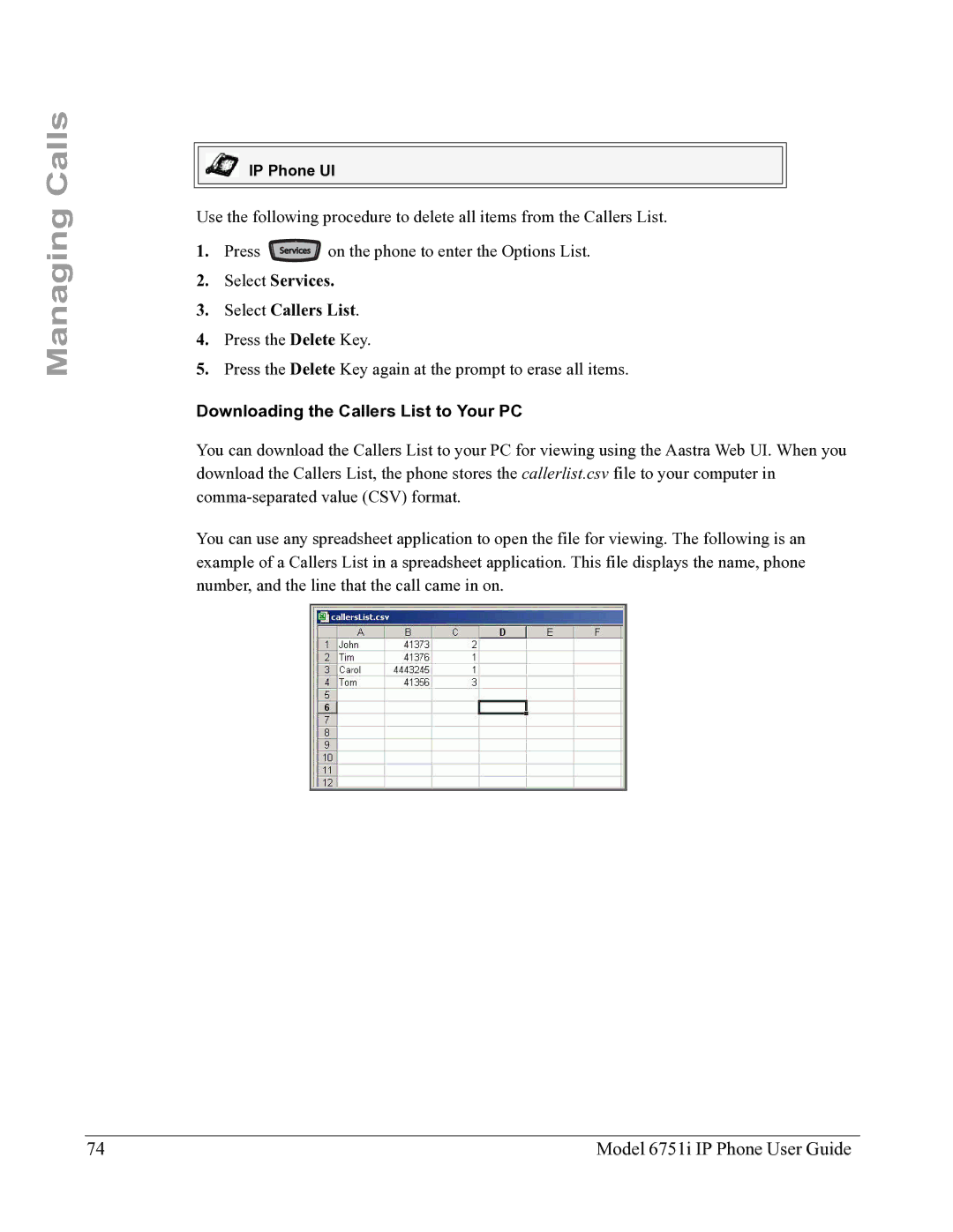 Aastra Telecom 6751I manual Downloading the Callers List to Your PC 