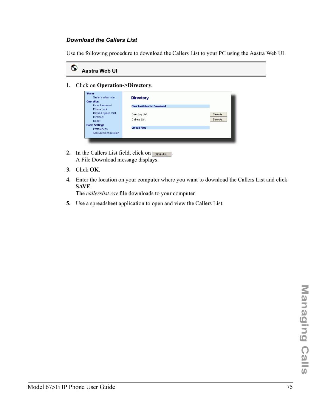 Aastra Telecom 6751I manual Download the Callers List, Click on Operation-Directory 