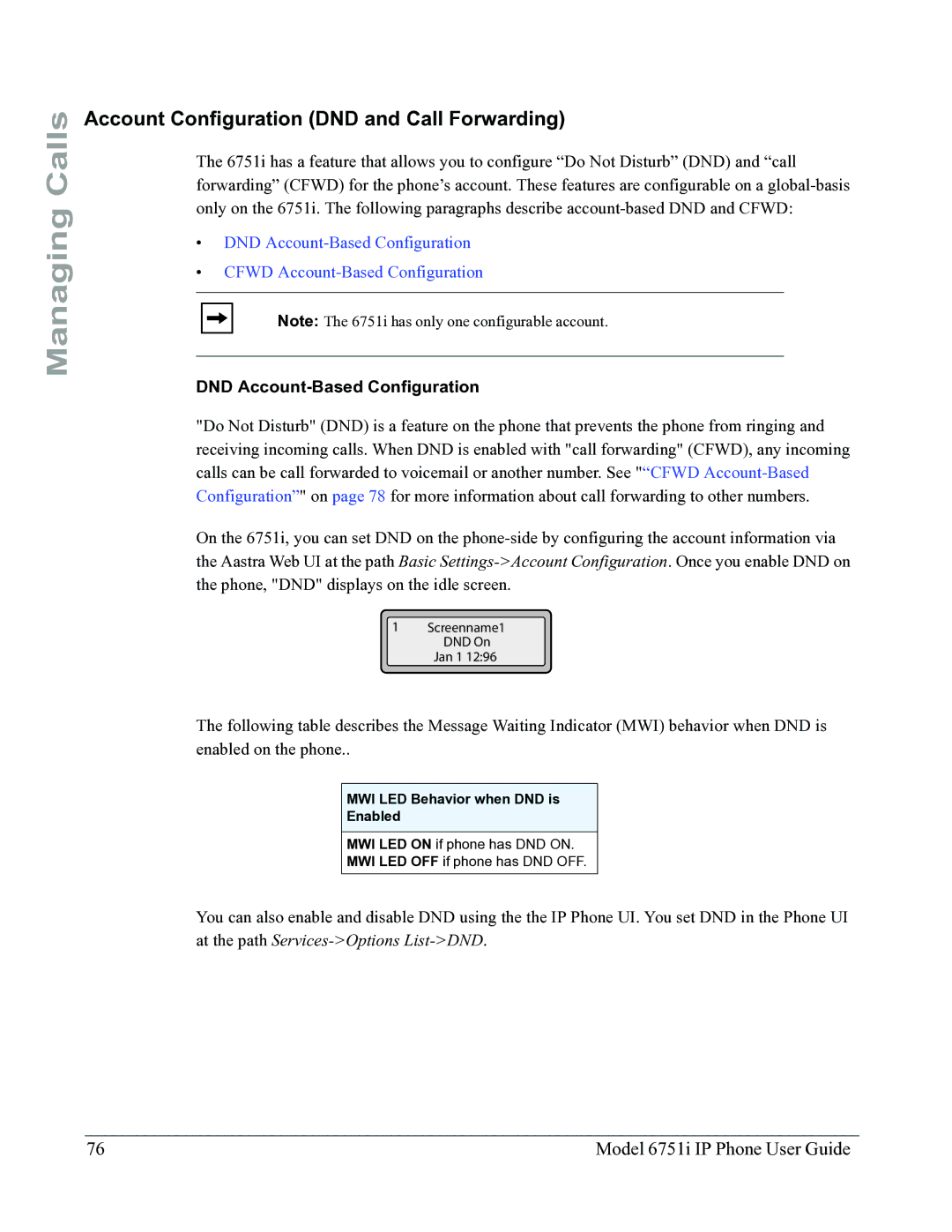 Aastra Telecom 6751I manual Account Configuration DND and Call Forwarding, DND Account-Based Configuration 