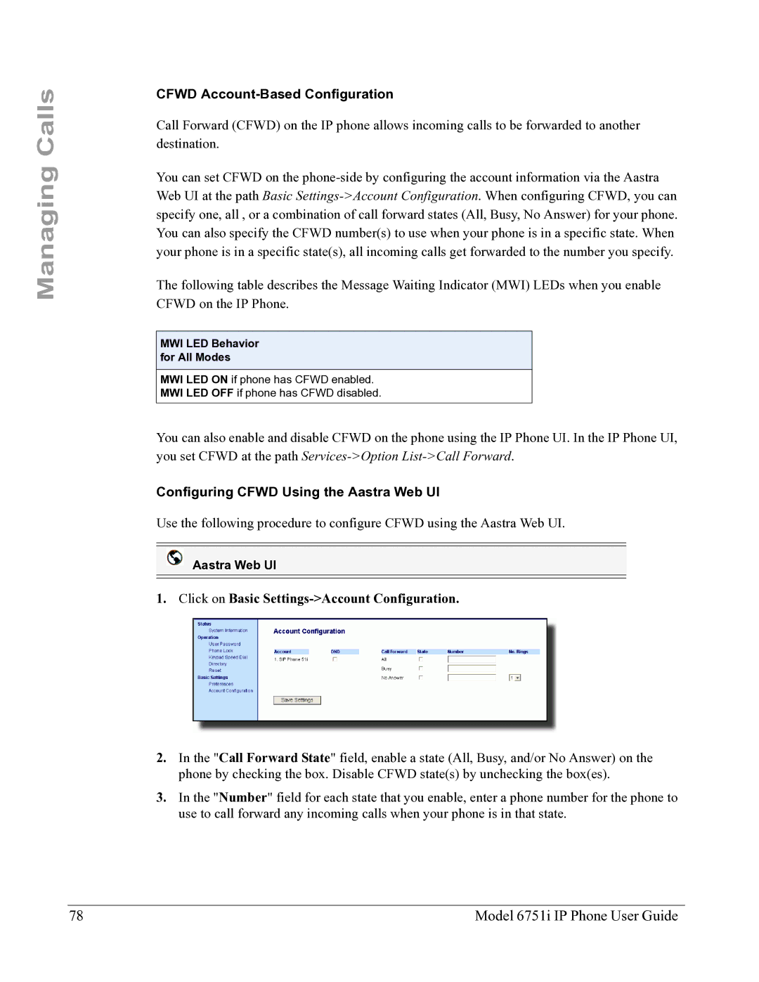 Aastra Telecom 6751I manual Cfwd Account-Based Configuration, Configuring Cfwd Using the Aastra Web UI 