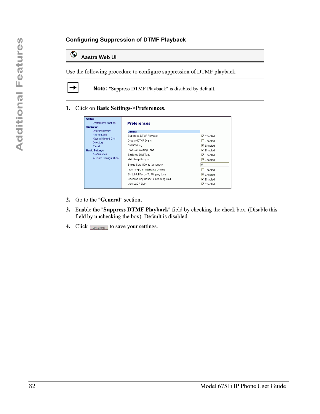 Aastra Telecom 6751I manual Configuring Suppression of Dtmf Playback, Click on Basic Settings-Preferences 