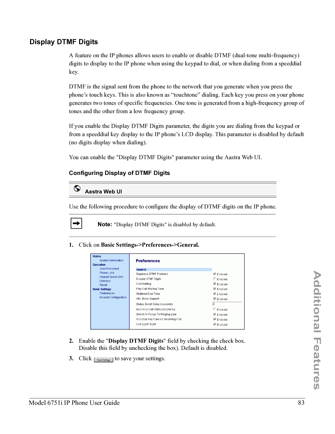 Aastra Telecom 6751I Display Dtmf Digits, Configuring Display of Dtmf Digits, Click on Basic Settings-Preferences-General 