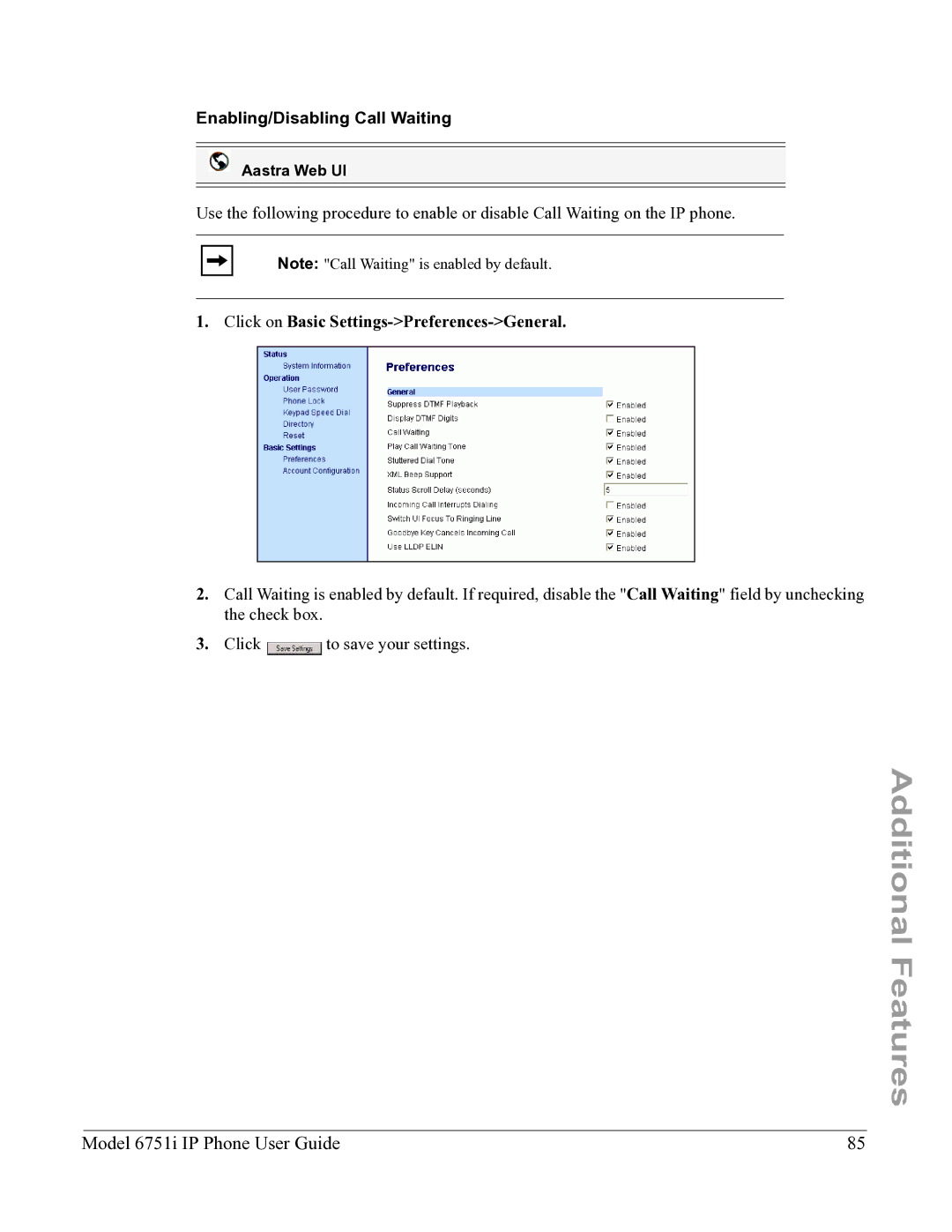 Aastra Telecom 6751I manual Enabling/Disabling Call Waiting 