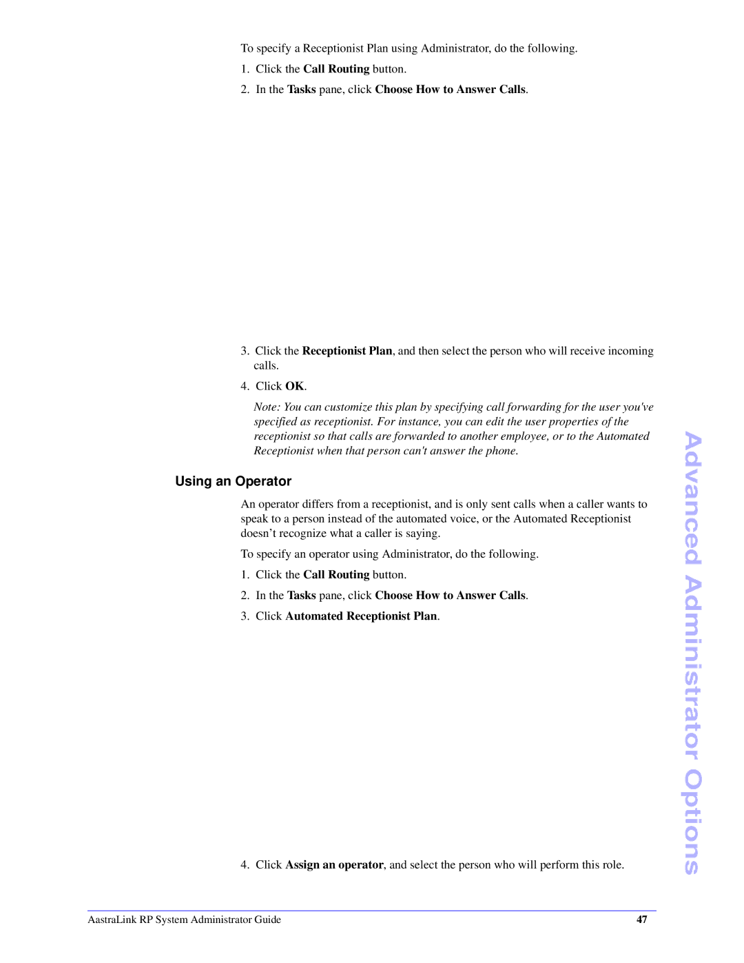 Aastra Telecom 6753i R manual Using an Operator, Tasks pane, click Choose How to Answer Calls 