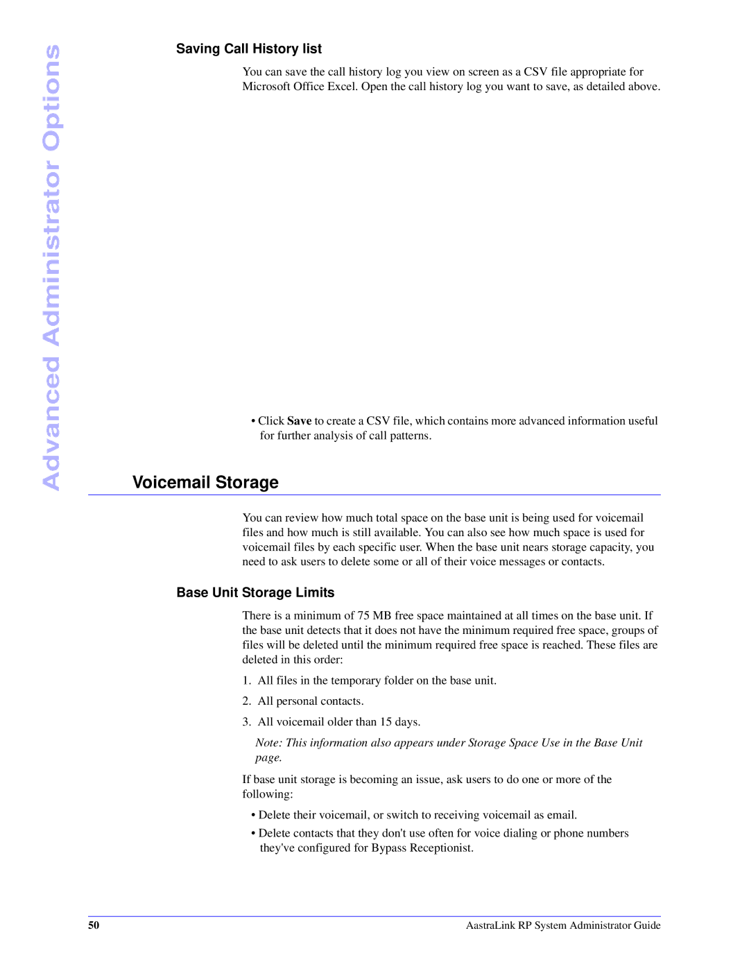 Aastra Telecom 6753i R manual Voicemail Storage, Saving Call History list, Base Unit Storage Limits 