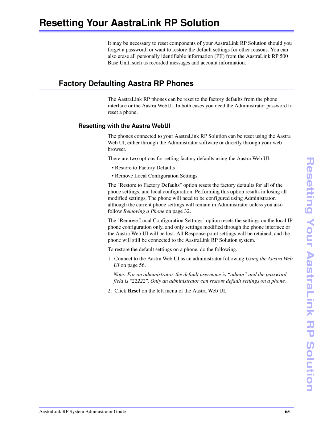 Aastra Telecom 6753i R manual Resetting Your AastraLink RP Solution, Factory Defaulting Aastra RP Phones 
