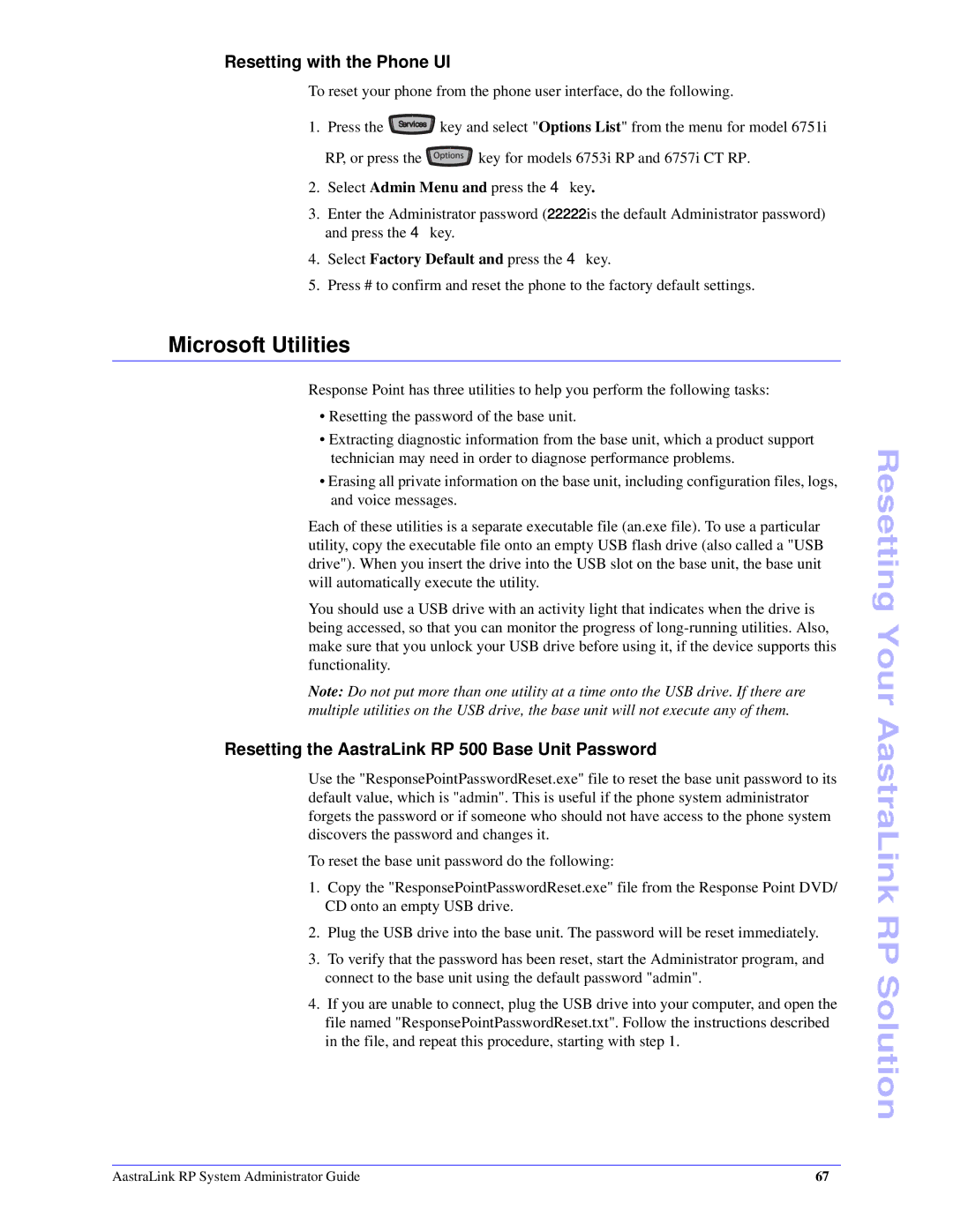 Aastra Telecom 6753i R manual Microsoft Utilities, Resetting with the Phone UI 