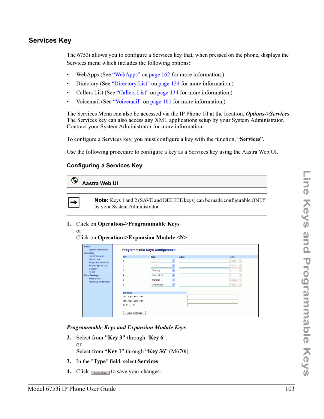 Aastra Telecom 6753I manual Model 6753i IP Phone User Guide 103, Configuring a Services Key 