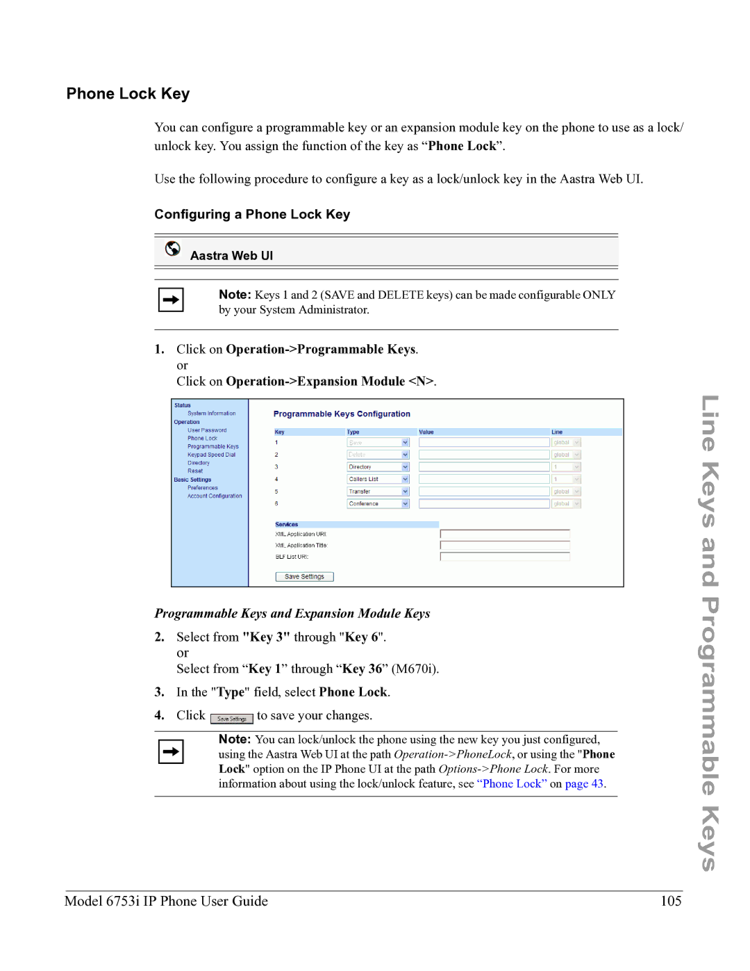 Aastra Telecom 6753I manual Model 6753i IP Phone User Guide 105, Configuring a Phone Lock Key 