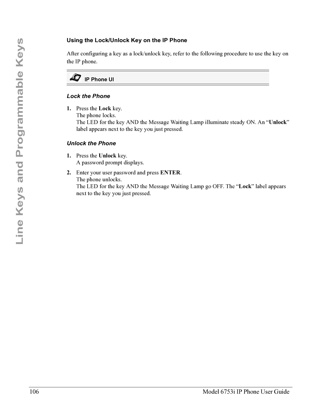 Aastra Telecom 6753I manual Model 6753i IP Phone User Guide, Using the Lock/Unlock Key on the IP Phone 