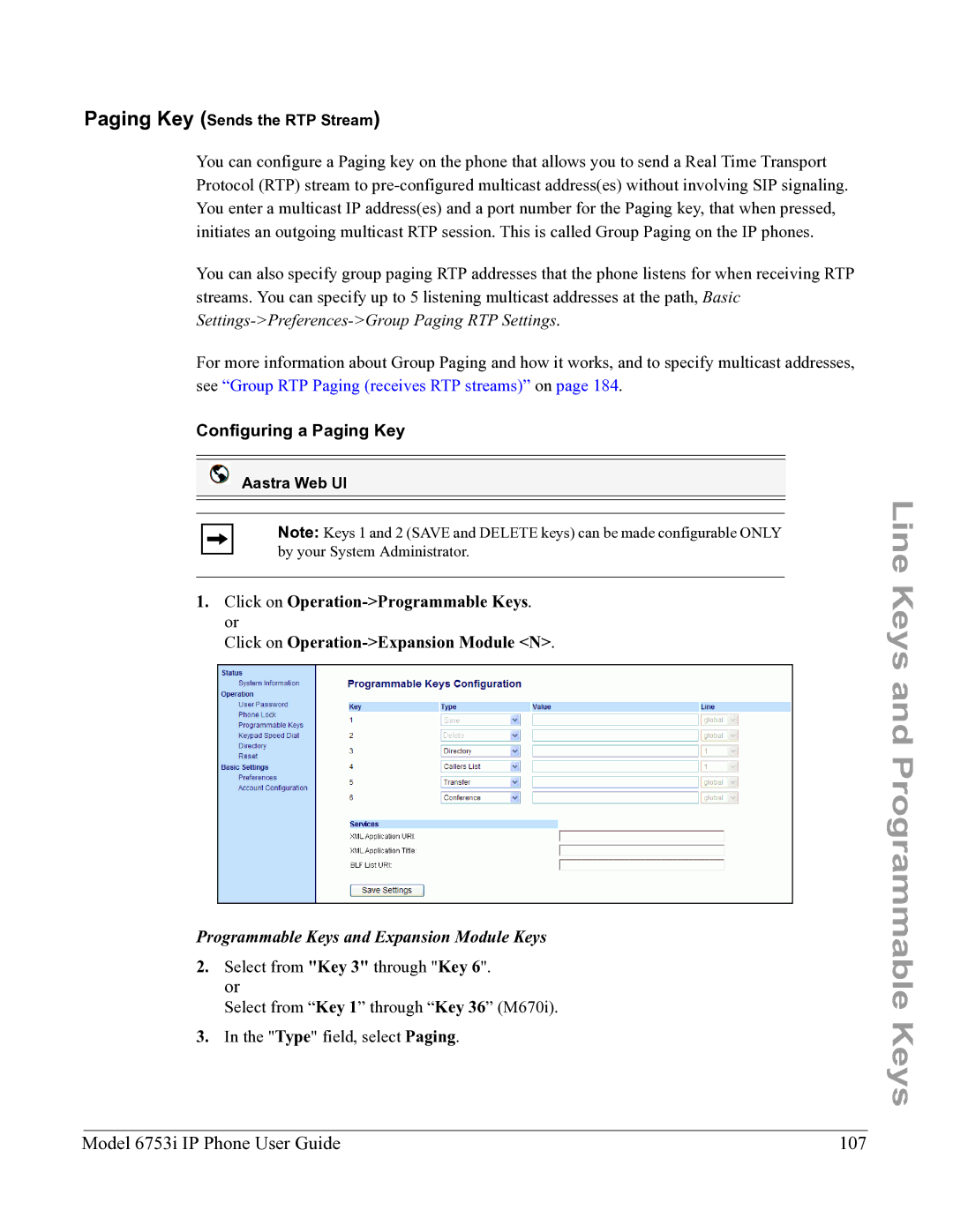 Aastra Telecom 6753I manual Model 6753i IP Phone User Guide 107, Configuring a Paging Key 