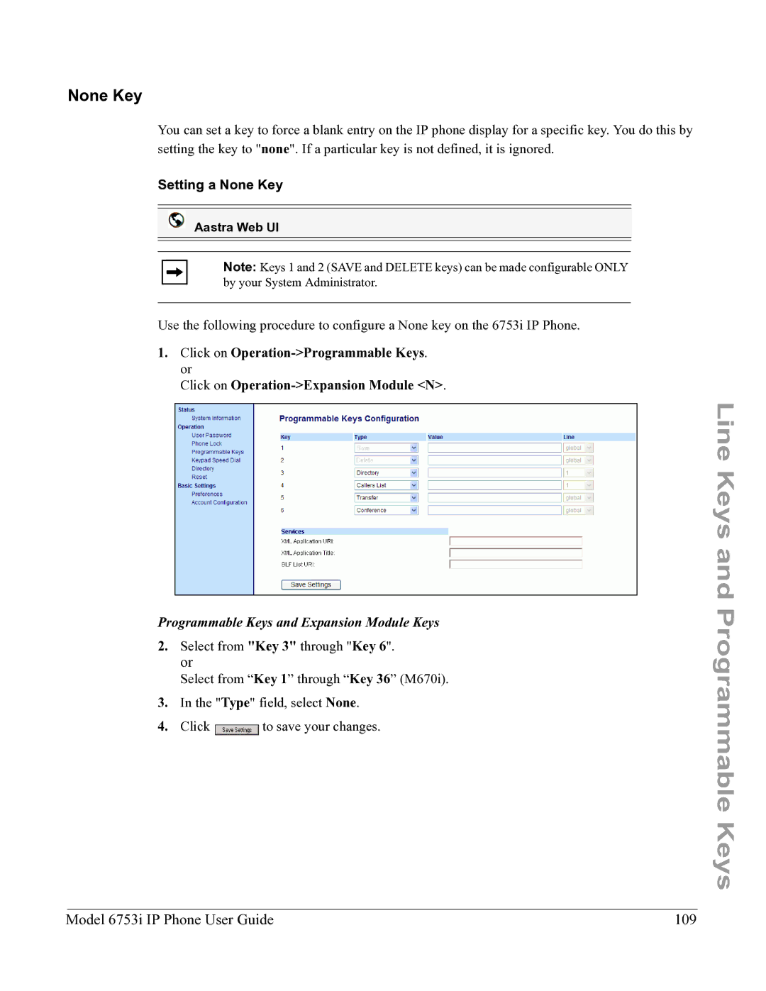 Aastra Telecom 6753I manual Model 6753i IP Phone User Guide 109, Setting a None Key 