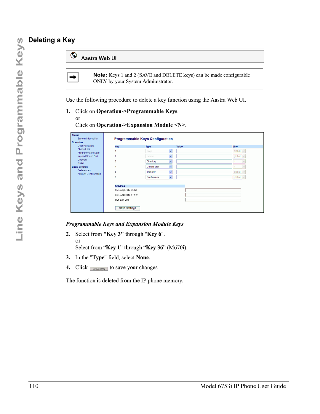 Aastra Telecom 6753I manual Deleting a Key, Model 6753i IP Phone User Guide 