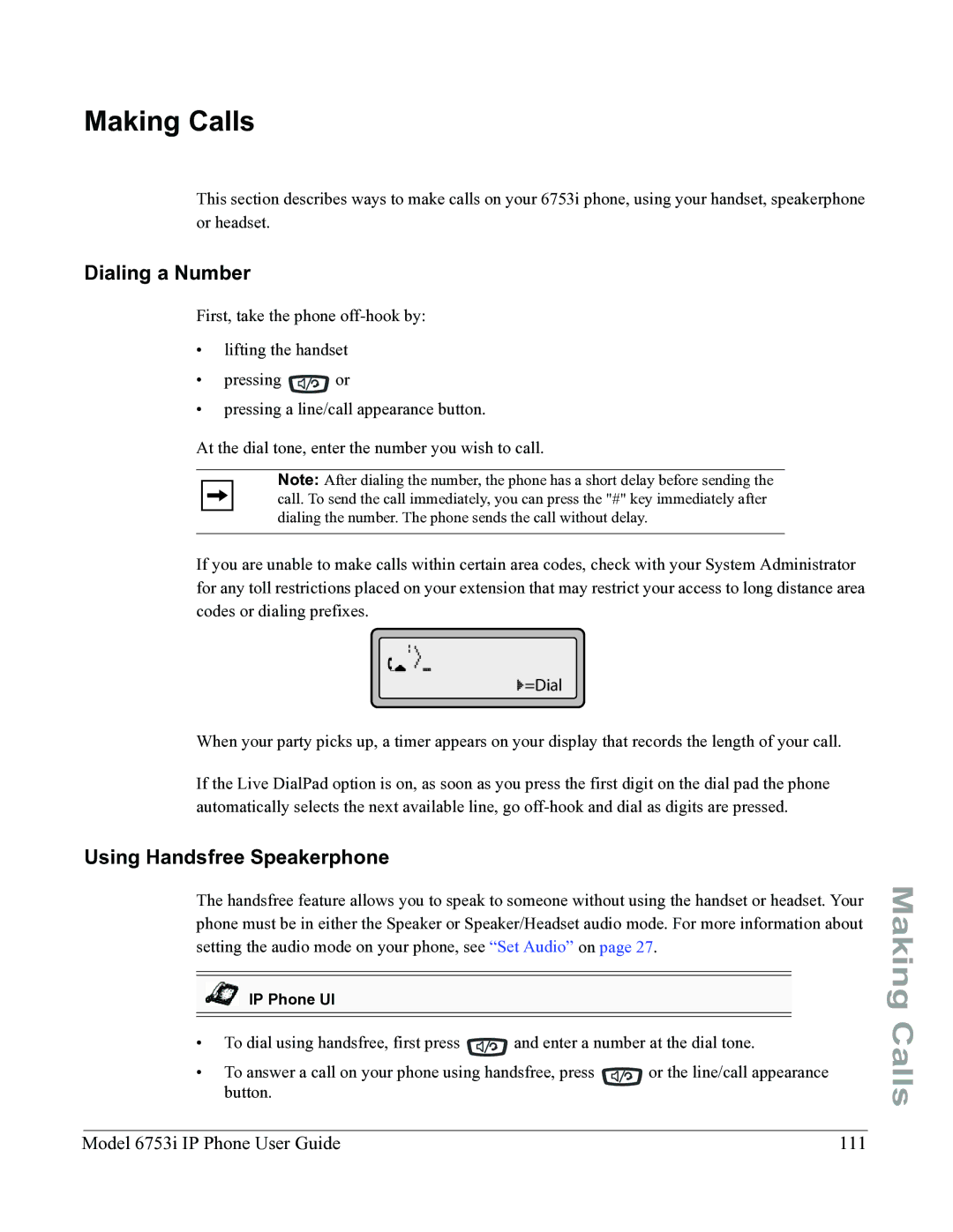 Aastra Telecom 6753I Making Calls, Dialing a Number, Using Handsfree Speakerphone, Model 6753i IP Phone User Guide 111 