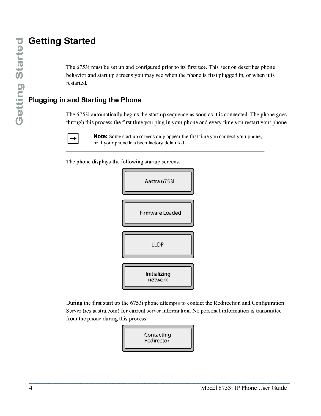 Aastra Telecom 6753I manual Getting Started, Plugging in and Starting the Phone 