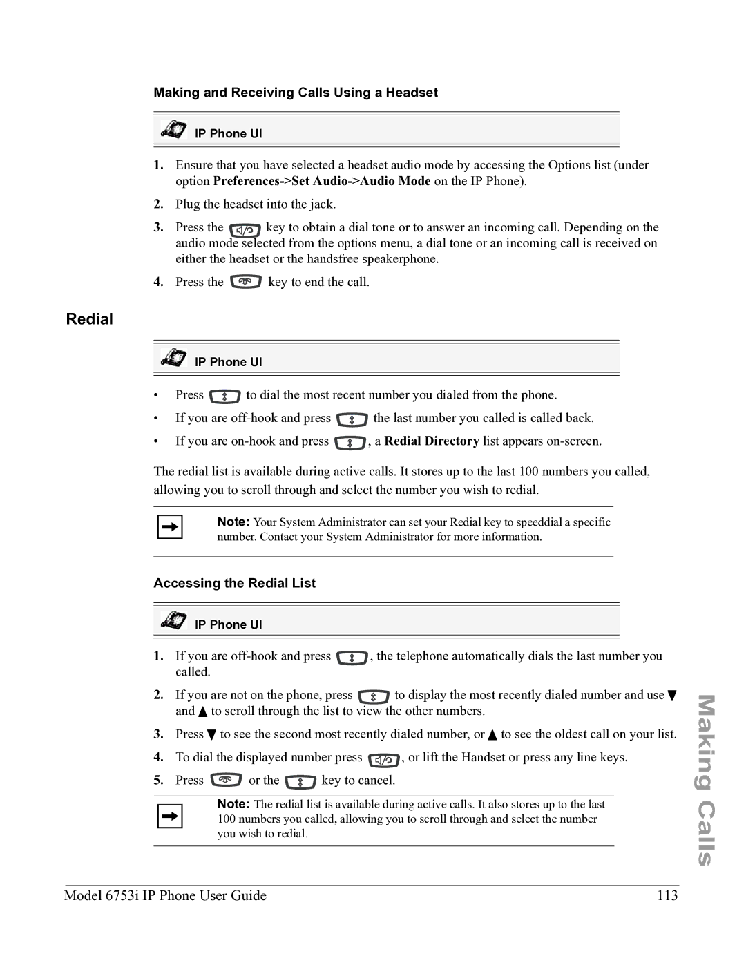 Aastra Telecom 6753I manual Redial, Model 6753i IP Phone User Guide 113, Making and Receiving Calls Using a Headset 