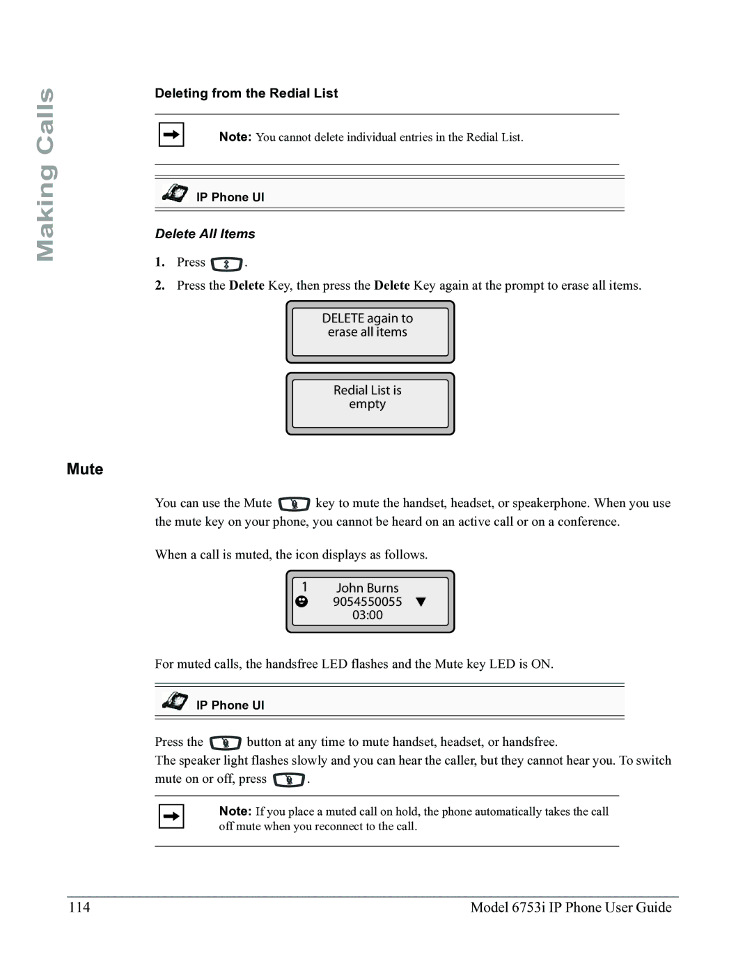 Aastra Telecom 6753I manual Mute, Model 6753i IP Phone User Guide, Deleting from the Redial List, Delete All Items 