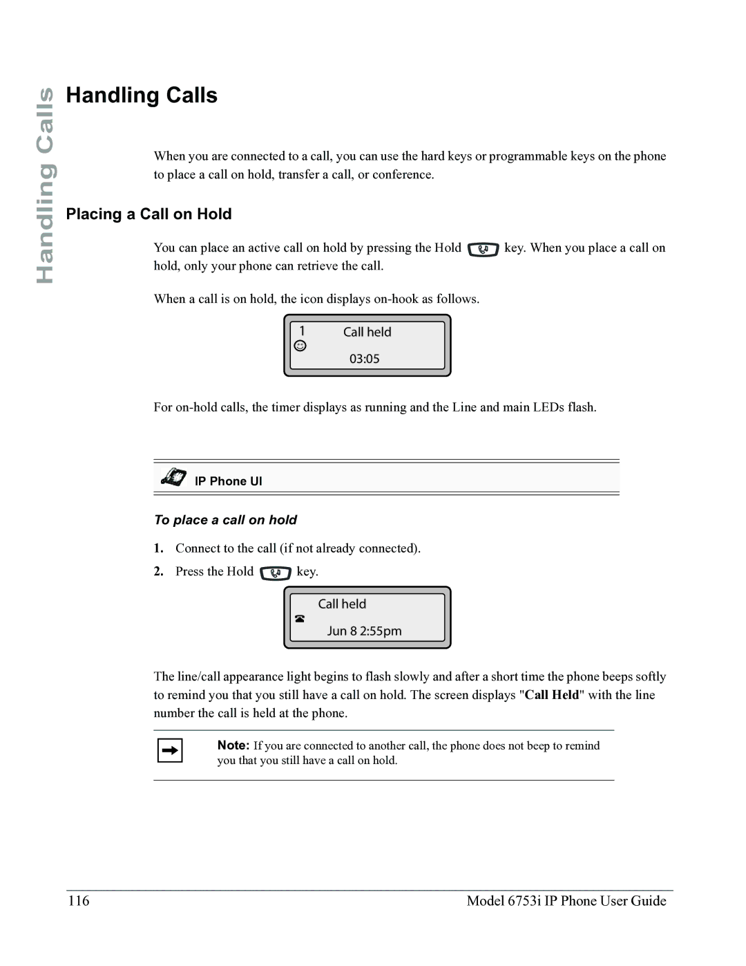 Aastra Telecom 6753I Handling Calls, Placing a Call on Hold, Model 6753i IP Phone User Guide, To place a call on hold 