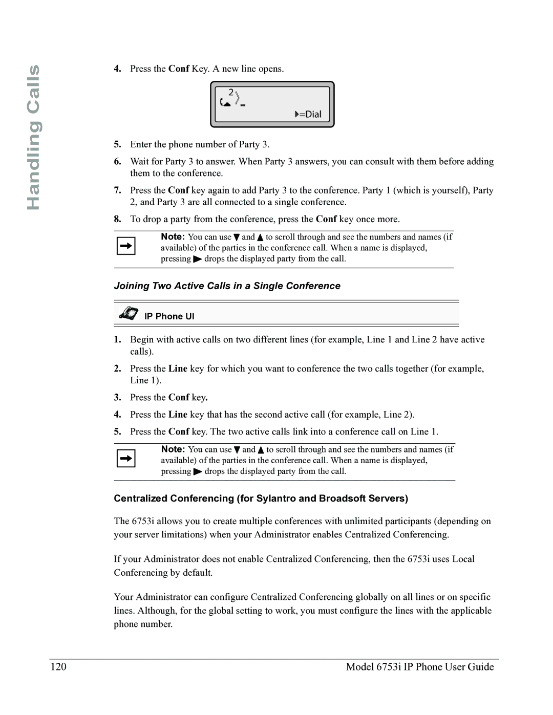 Aastra Telecom 6753I manual Model 6753i IP Phone User Guide, Joining Two Active Calls in a Single Conference 