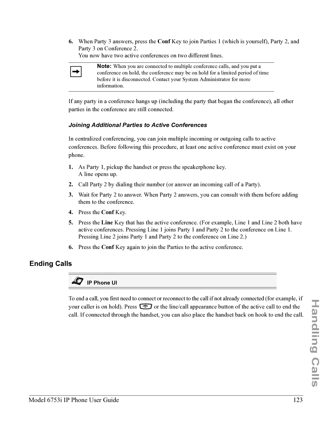 Aastra Telecom 6753I Ending Calls, Model 6753i IP Phone User Guide 123, Joining Additional Parties to Active Conferences 