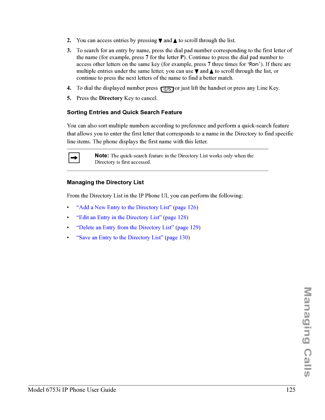 Aastra Telecom 6753I manual Model 6753i IP Phone User Guide 125, Sorting Entries and Quick Search Feature 
