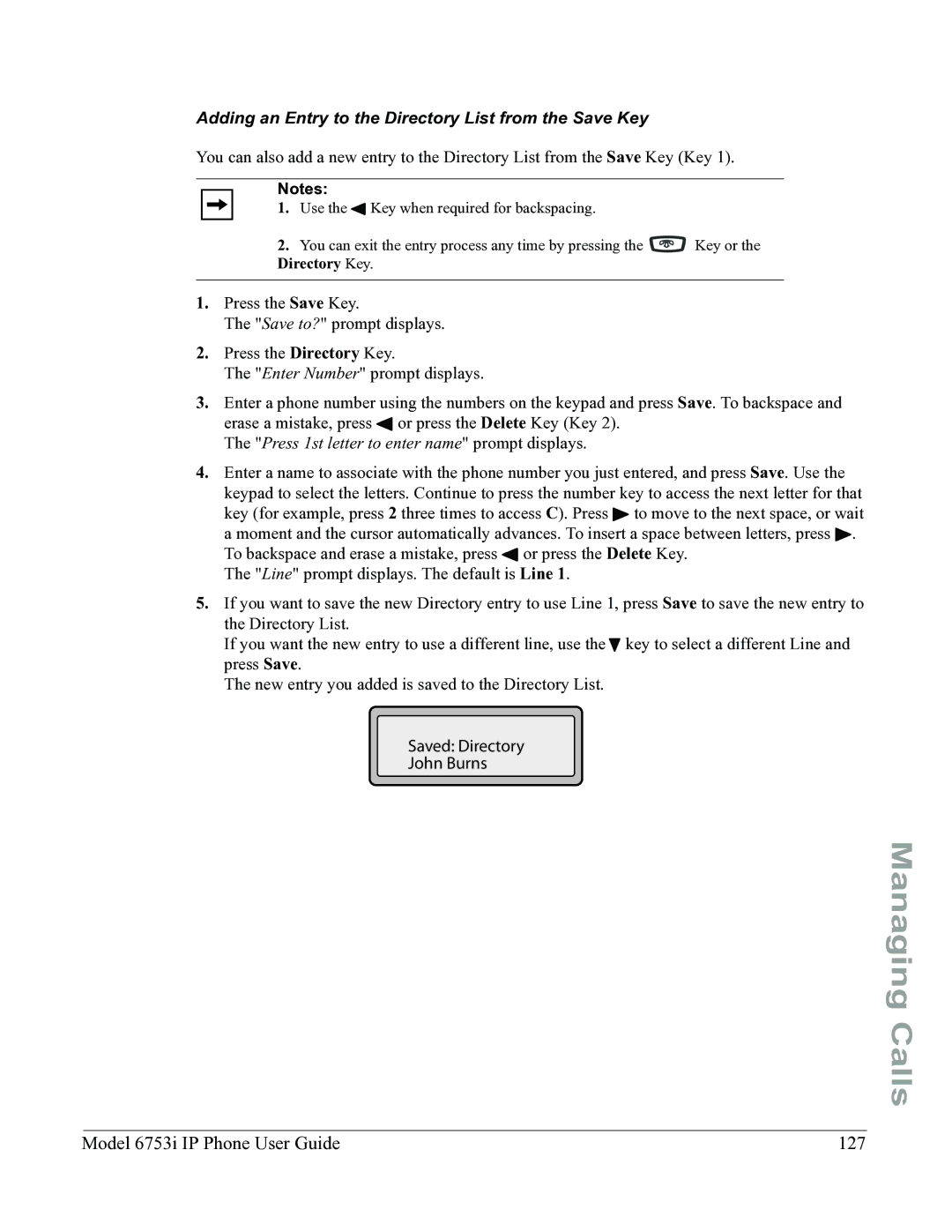 Aastra Telecom 6753I manual Model 6753i IP Phone User Guide 127, Adding an Entry to the Directory List from the Save Key 